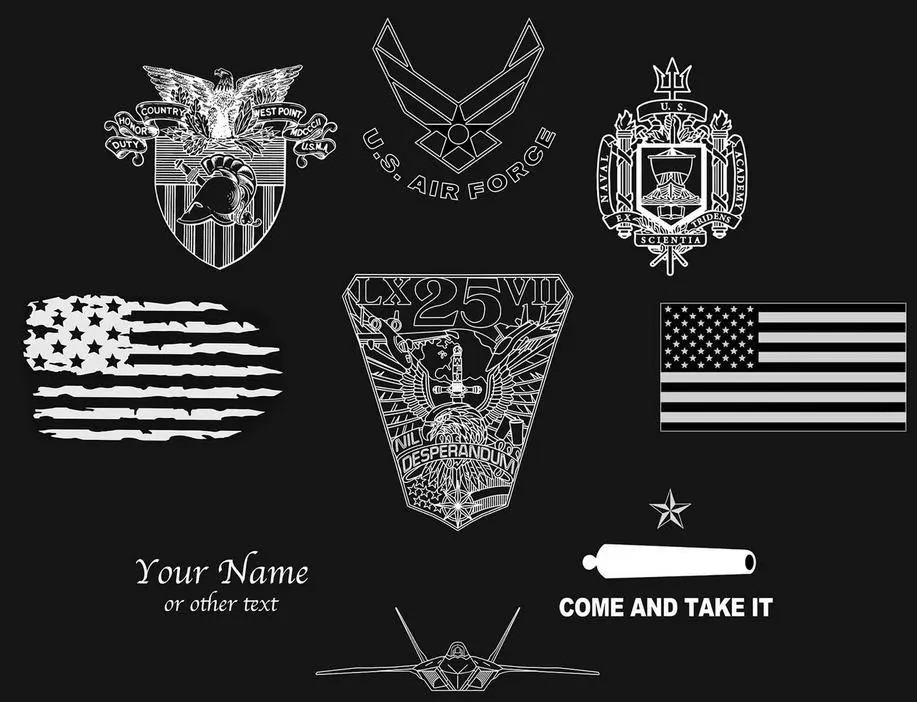 A bunch of military related designs on black background